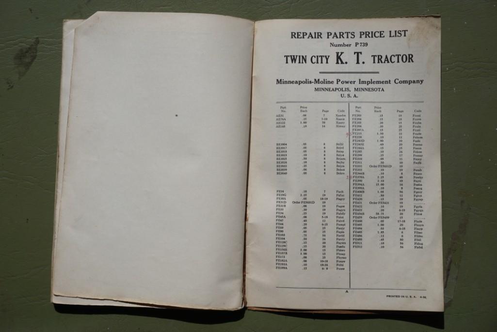 Two Repair parts list for Twin City tractor