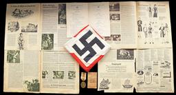 WWII GERMAN HJ FLAG, EPHEMERA, & WESTWALL MEDAL.