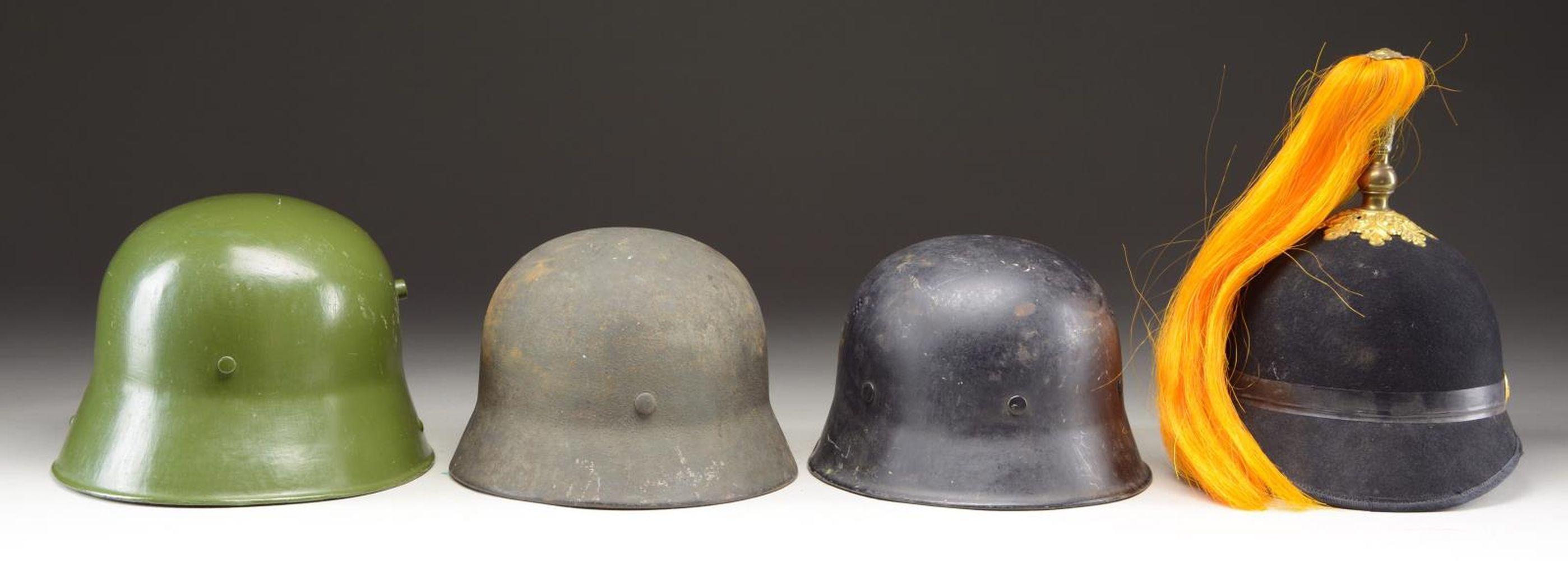 3 GERMAN HELMETS & 1 US M1881 HELMET.