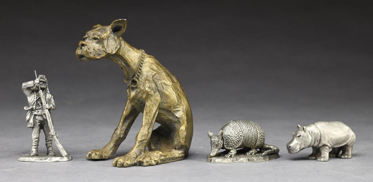 4 MINIATURE PEWTER AND 2 GOEBEL SCULPTURES.