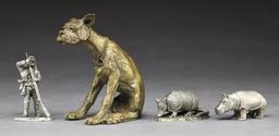 4 MINIATURE PEWTER AND 2 GOEBEL SCULPTURES.