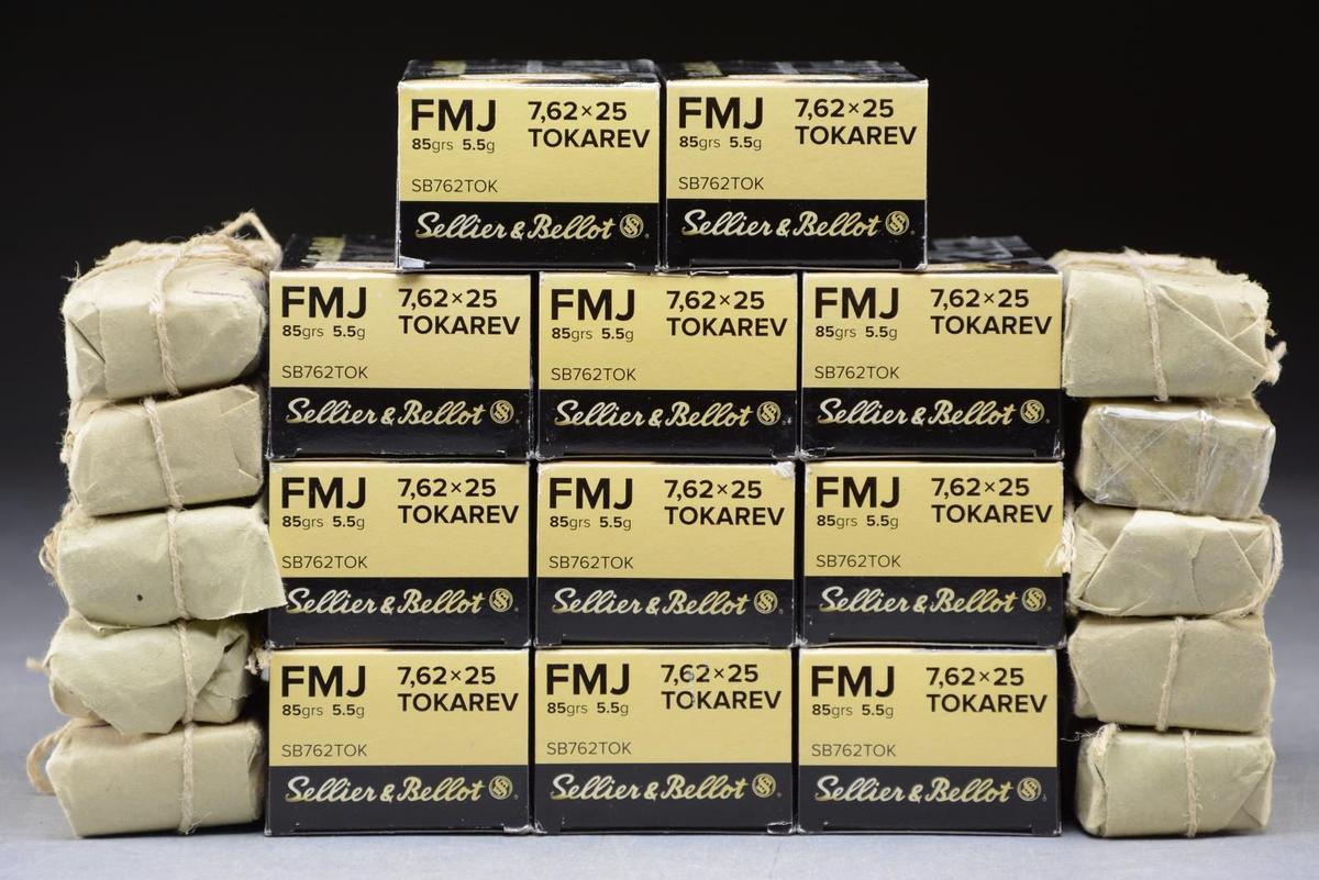 11 BOXES & 10 PACKAGES (710 RDS.) OF 7.62X25 AMMO.