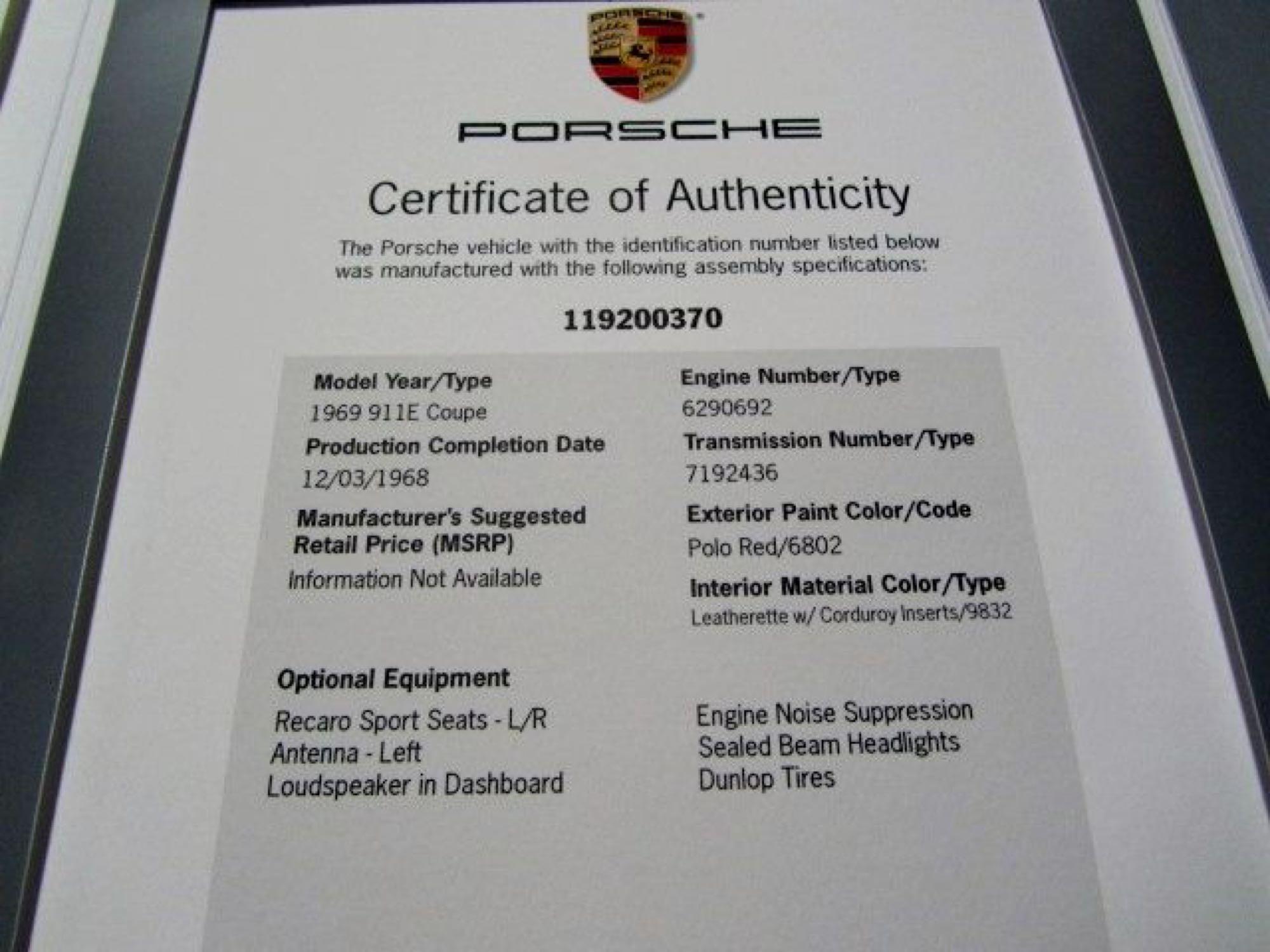 1969 PORSCHE 911 E COUPE COA SPORT SEATS