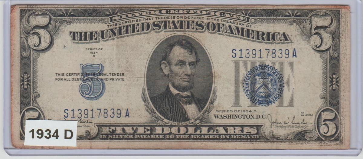 1934 D $5.00 SILVER CERTIFICATE