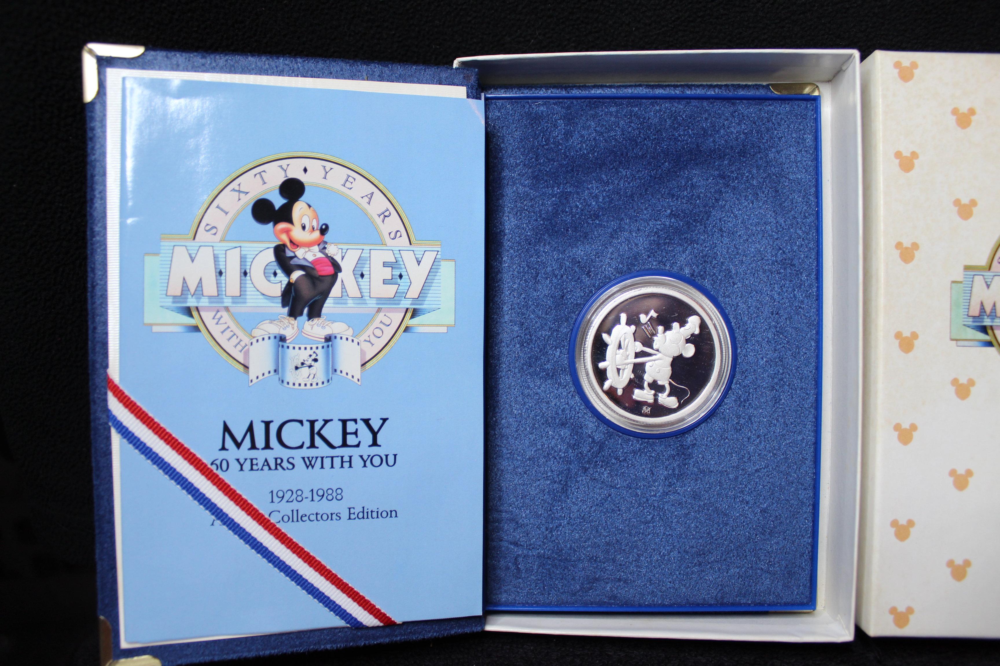 1988 DISNEY Mickey Mouse 60 Years With You STEAMBOAT WILLIE 1oz SILVER BOX COA