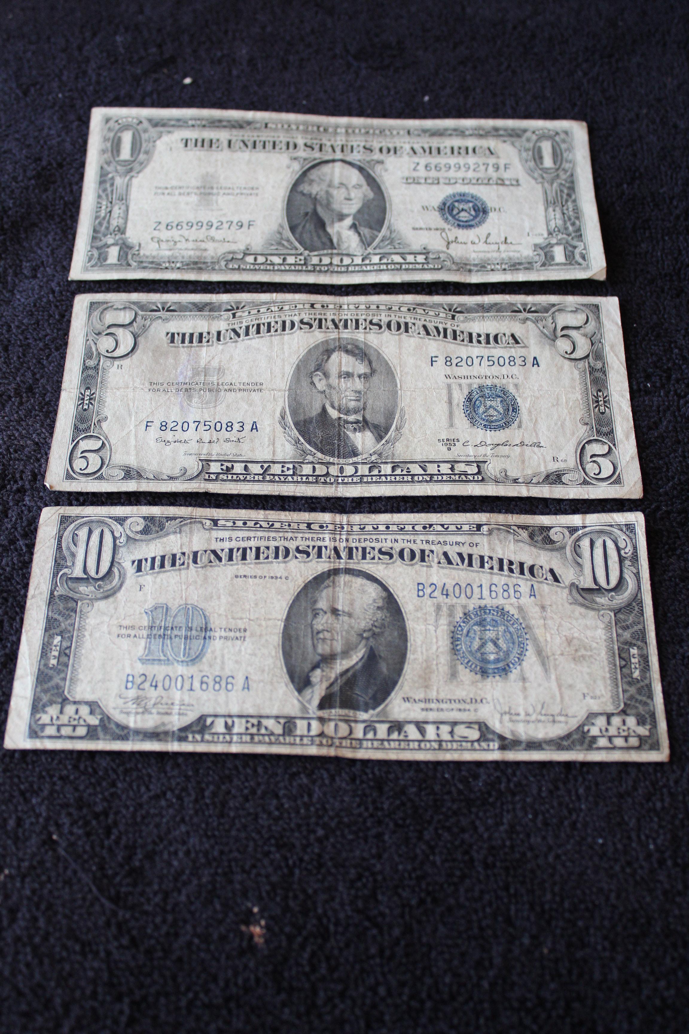 $10 1934 - $5 1953 - $1 1935 Silver Certificates