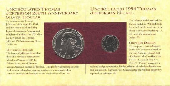 1993 Thomas Jefferson Coinage & Currency Set OGP