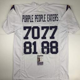 Autographed/Signed Purple People Eaters Minnesota White Football Jersey JSA COA