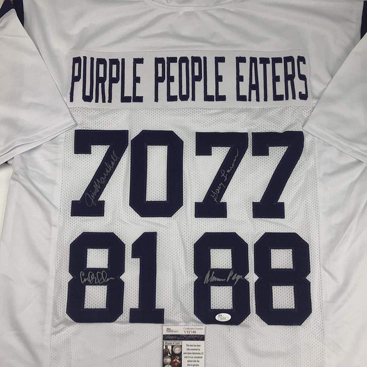 Autographed/Signed Purple People Eaters Minnesota White Football Jersey JSA COA