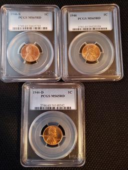 1946-1946D-1946S Lincoln Cents MS65RD PCGS