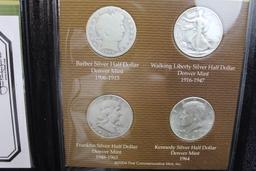 4 Silver Halves of Denver Mint Barber-Walker-Franklin-Kennedy Display Folder