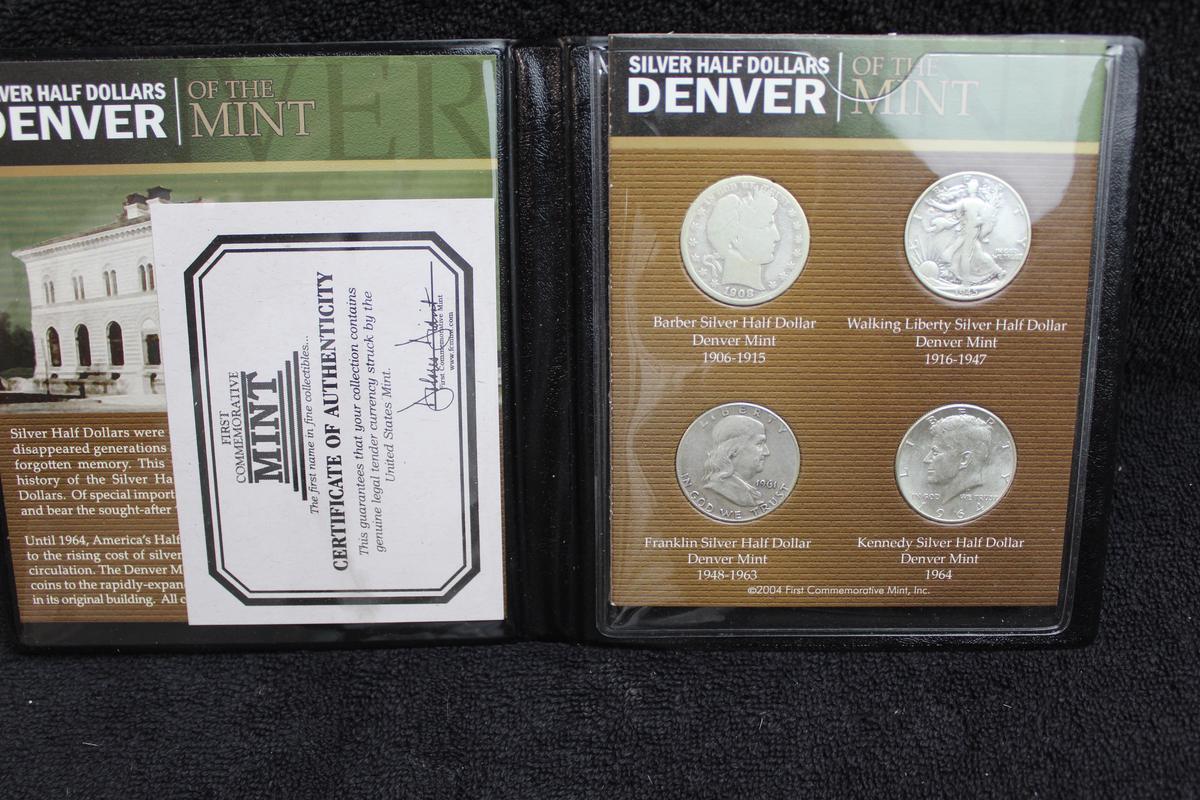 4 Silver Halves of Denver Mint Barber-Walker-Franklin-Kennedy Display Folder