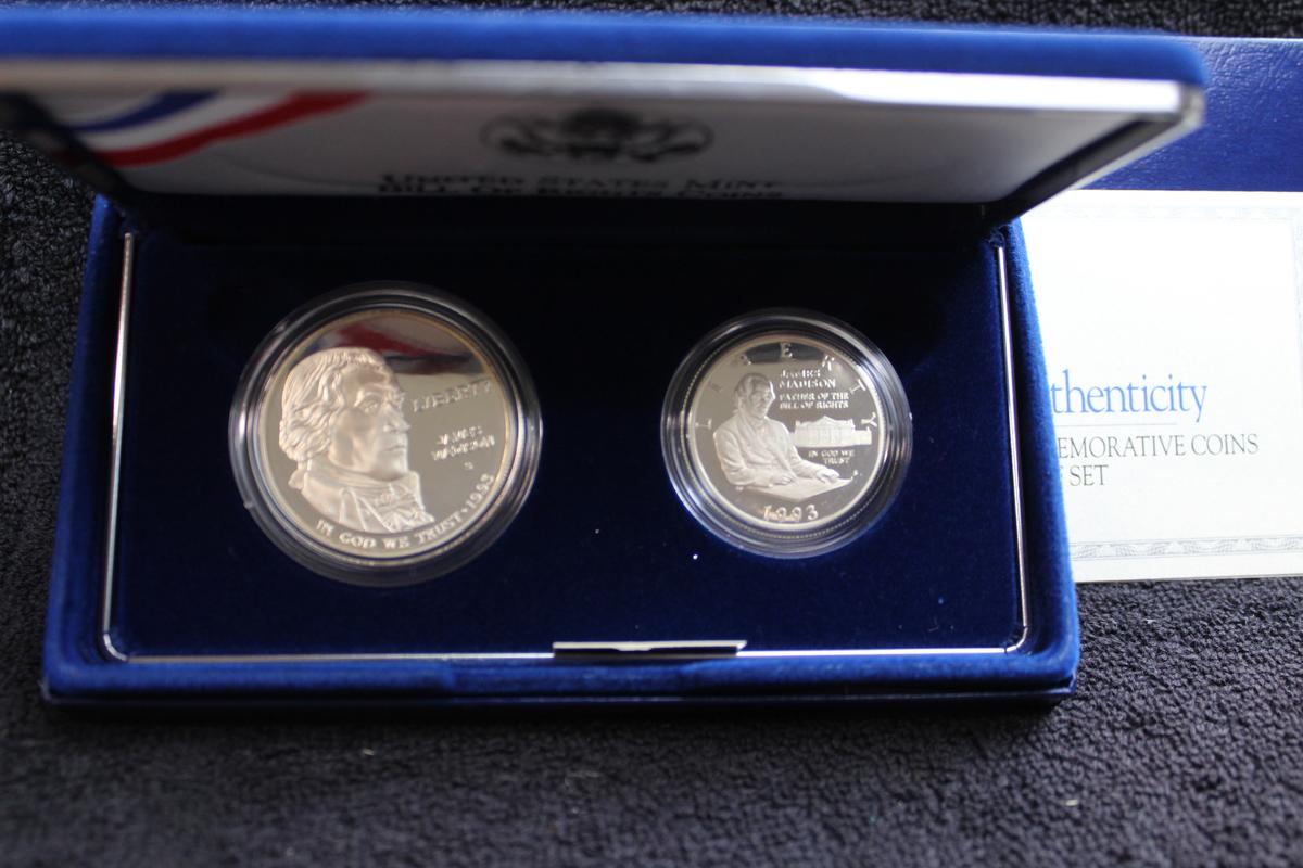 1993 2 pc James Madison - Bill of Rights Proof Silver Dollar & Silver Half BOX & COA