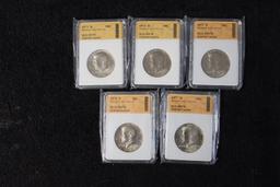 5 Kennedy Half Dollars 1973 D-1974 D -1977 P+D-1978 P Professionally Graded MS 70