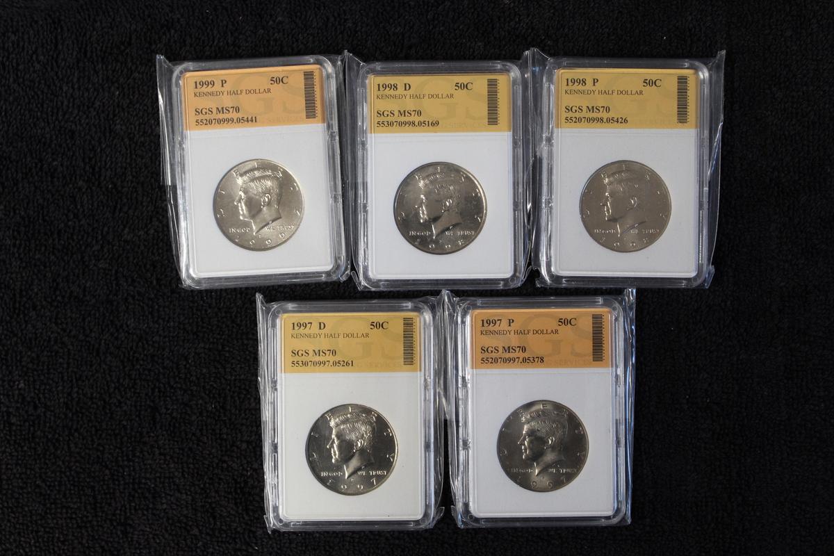 5 Kennedy Half Dollars 1997 P+D-1998 P+D 1999 P Professionally Graded MS 70