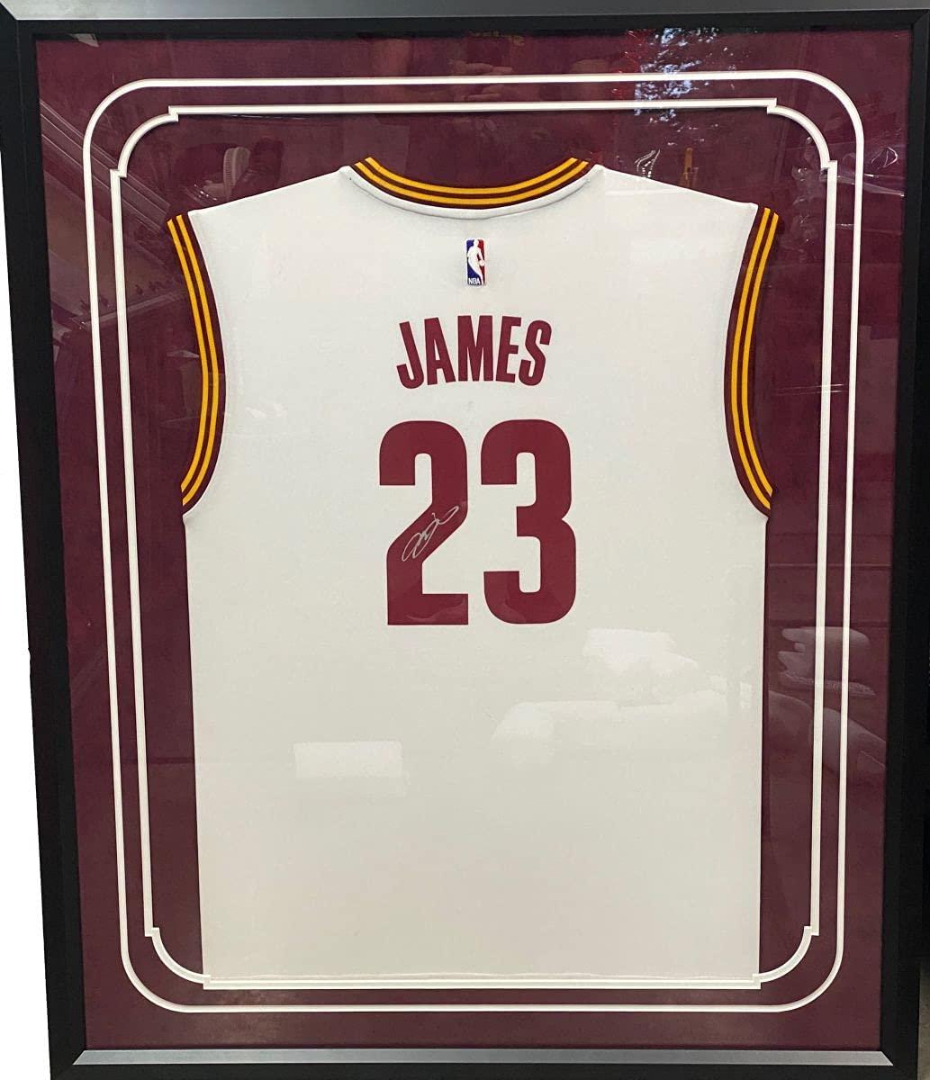 Framed Autographed/Signed LeBron James 33x42 Cleveland Cavaliers White Jersey PSA COA/LOA