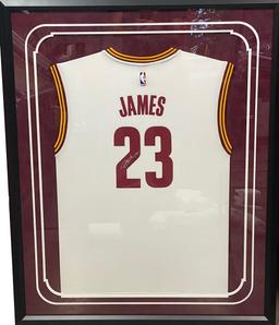 Framed Autographed/Signed LeBron James 33x42 Cleveland Cavaliers White Jersey PSA COA/LOA