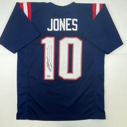 Autographed/Signed Mac Jones New England Blue Football Jersey Beckett BAS COA