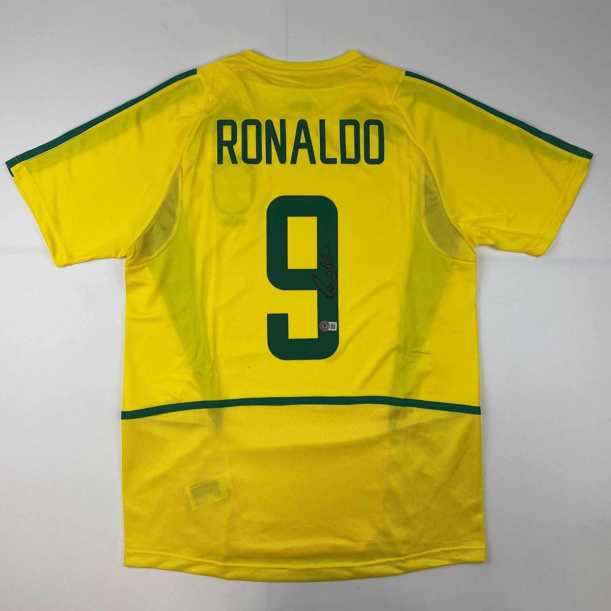 Autographed/Signed Ronaldo Nazario Brazil Yellow Soccer Jersey Beckett BAS COA