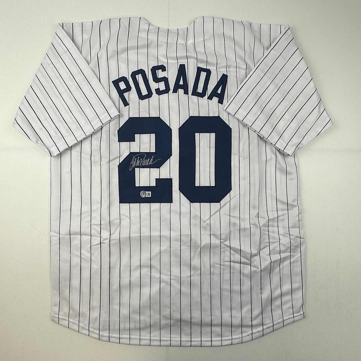 Autographed/Signed Jorge Posada New York Pinstripe Baseball Jersey Beckett BAS COA