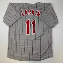 Autographed/Signed Barry Larkin Cincinnati Grey Pinstripe Baseball Jersey Beckett BAS COA