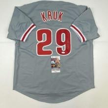 Autographed/Signed John Kruk Philadelphia Grey Baseball Jersey JSA COA