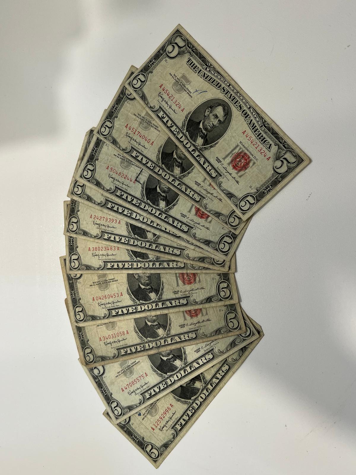 (10) 1963 $5 Red Seal Notes