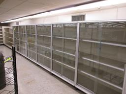 10 Sections of 4' Shelving with Glass Front Merchandiser Cases