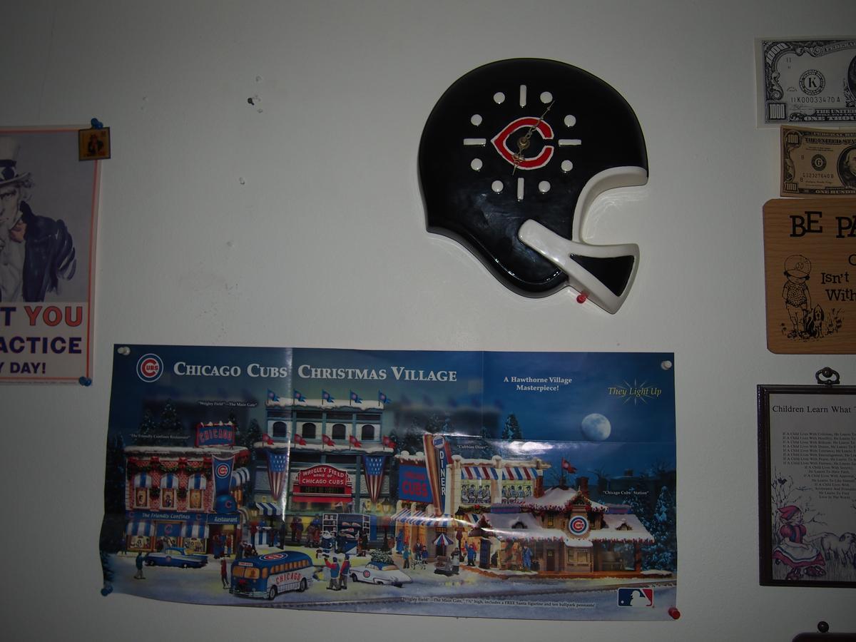 Cubs poster and Bears clock