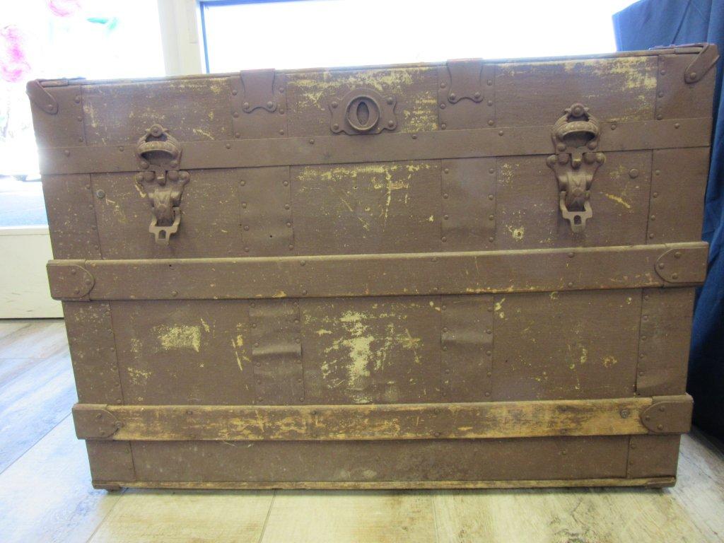 Antique Wooden Travel Trunk - Rustic Red