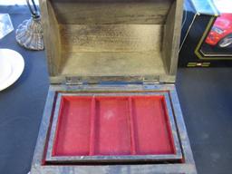 2 Vintage Mini Wooden Jewelry Boxes & Vintage Tin