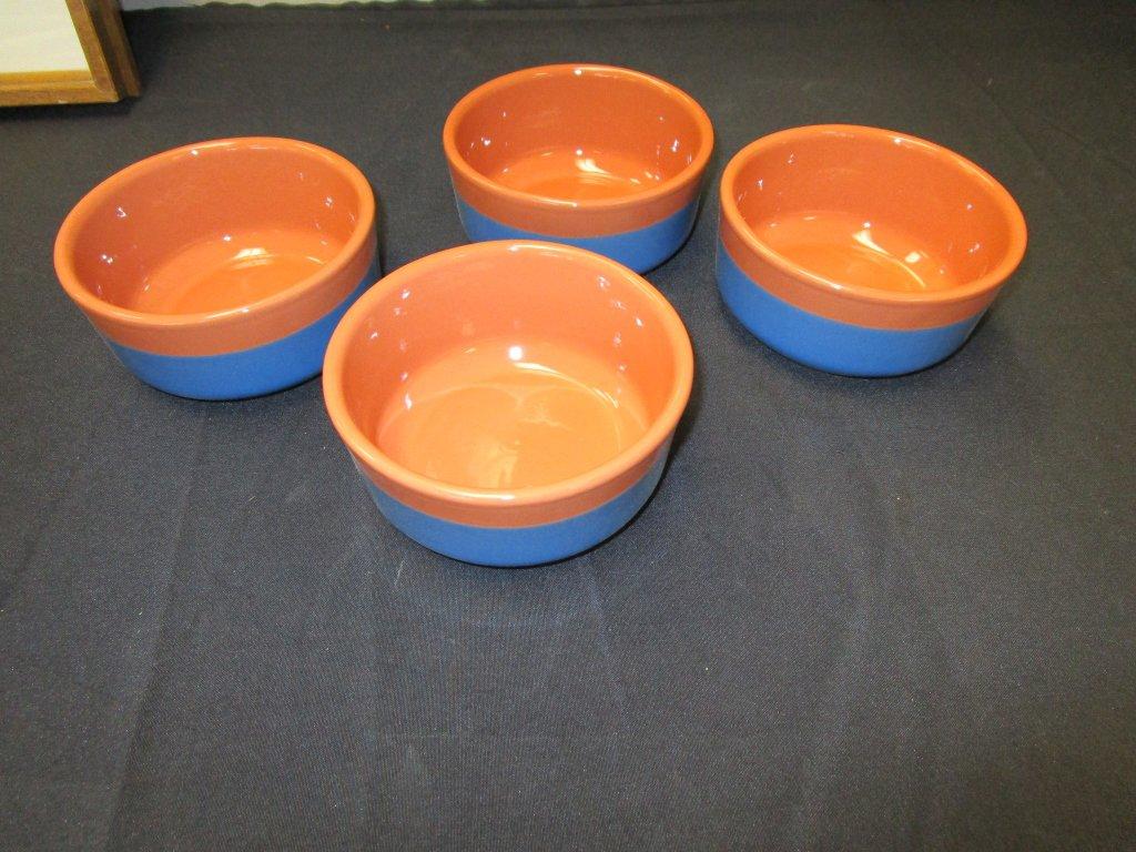 LOT OF 4 Round Terra Cotta Bowls with Blue
