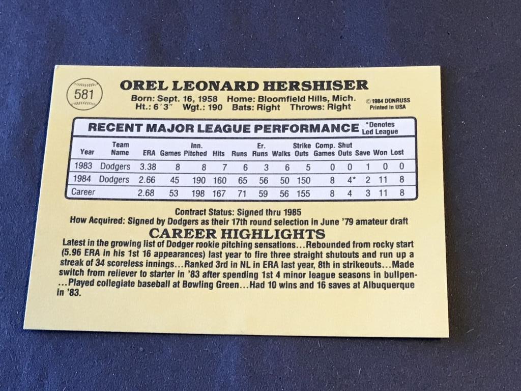 1985 Donruss #581 Orel Hershiser Rookie Card