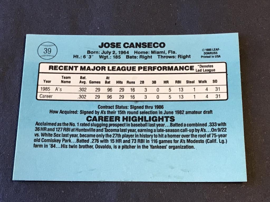 1986 Donruss #39 JOSE CANSECO Rookie Card