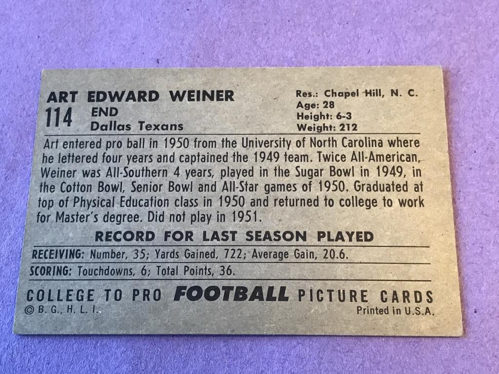 1952 Bowman Football Large #114 ART EDWARD WEINER