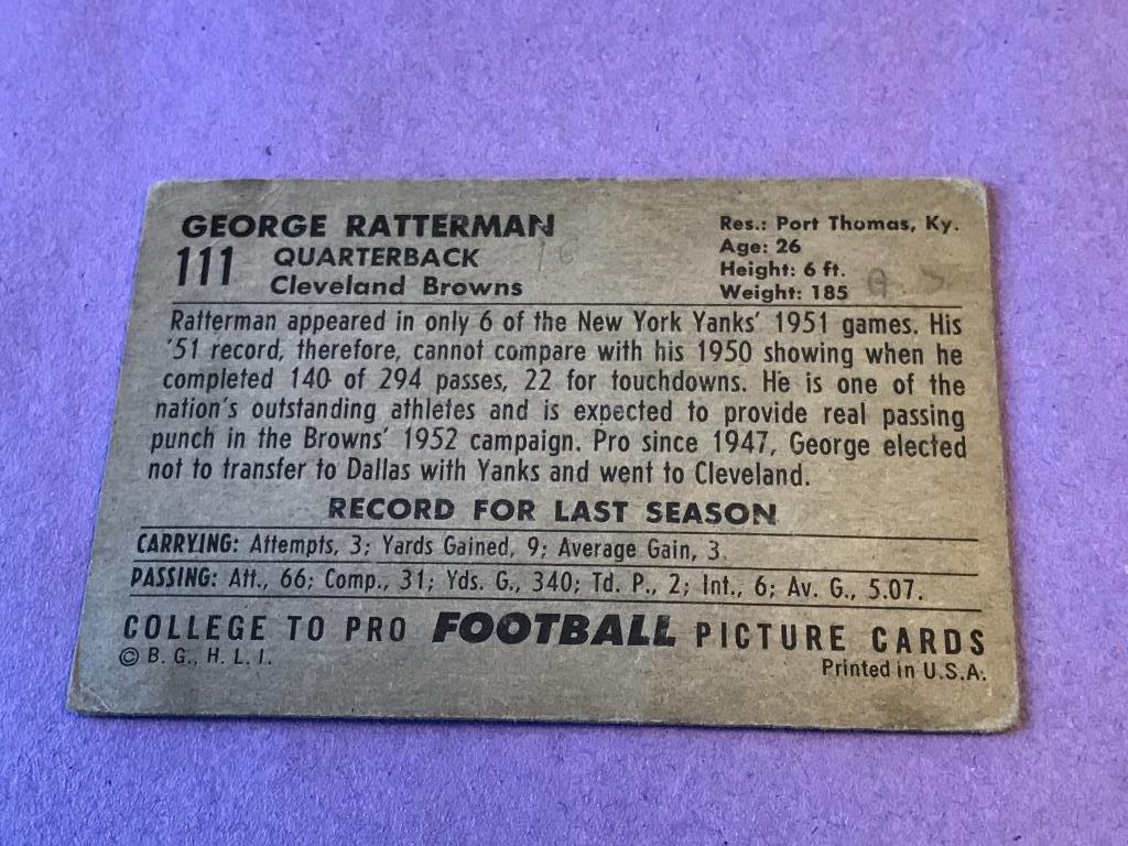 1952 Bowman Football Large #111 GEOEGE RATTERMAN