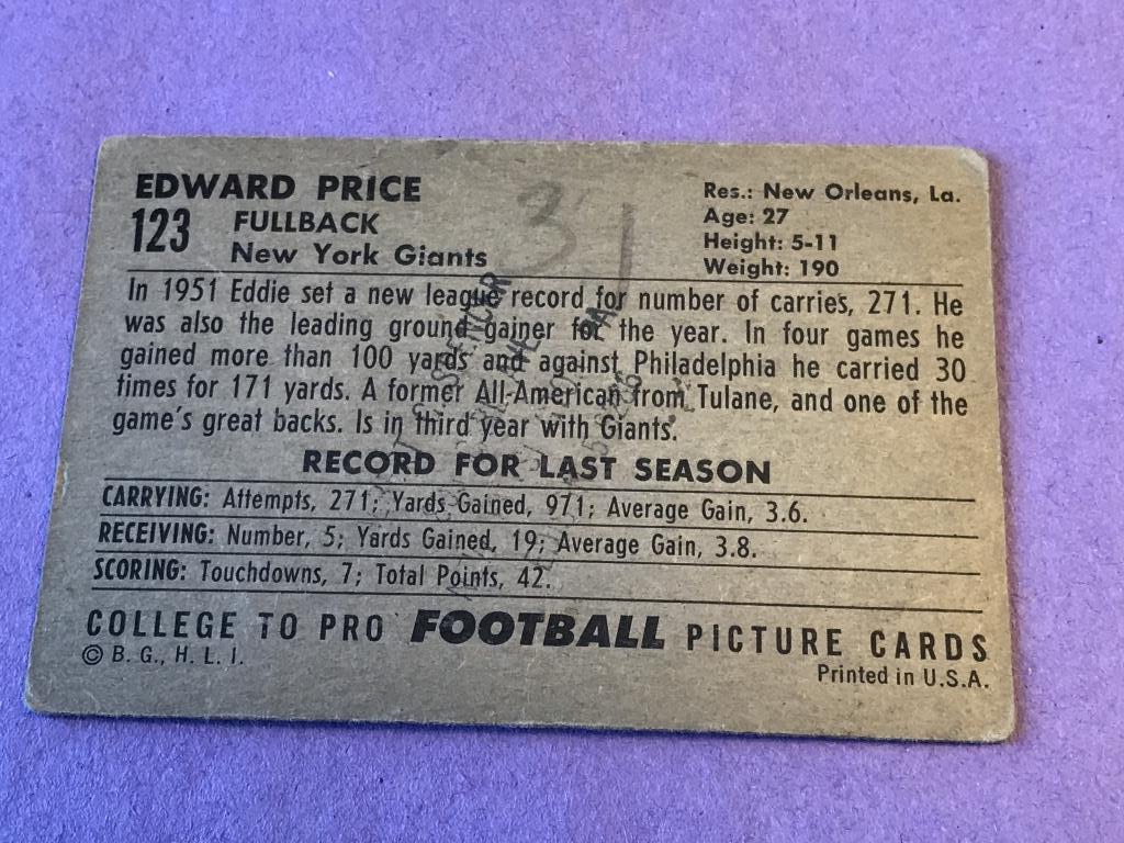 1952 Bowman Football Large #123 EDDIE PRICE