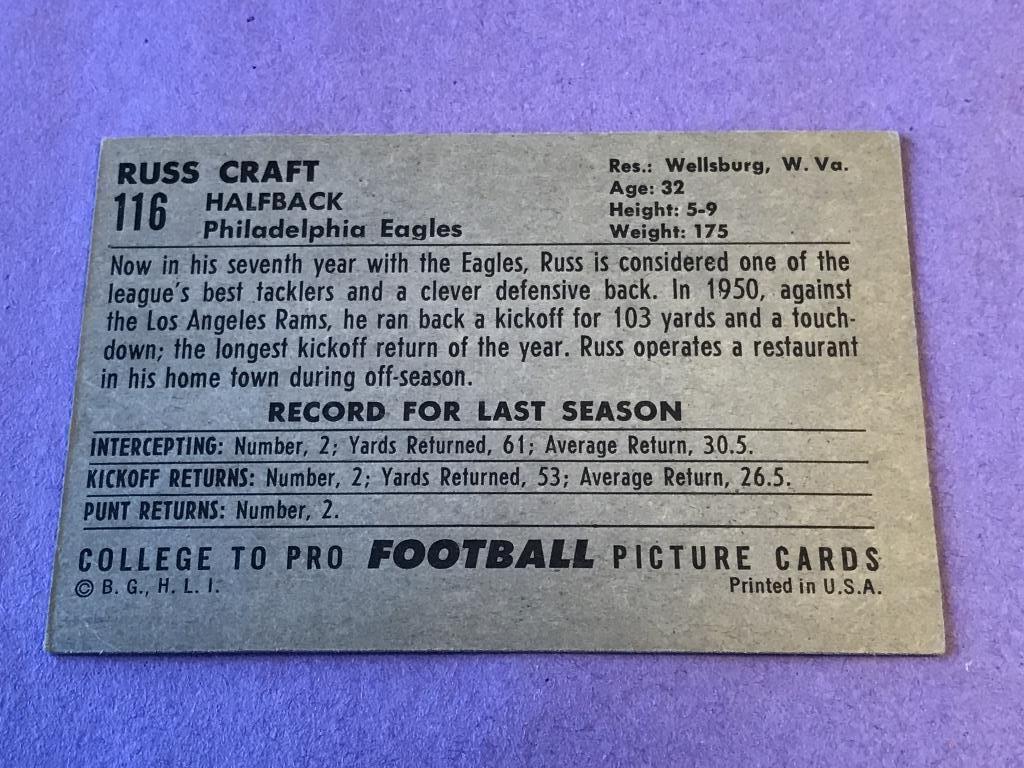 1952 Bowman Football Large #116 RUSS CRAFT