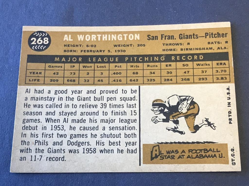 #268 AL WORTHINGTON 1960 Topps Baseball Card