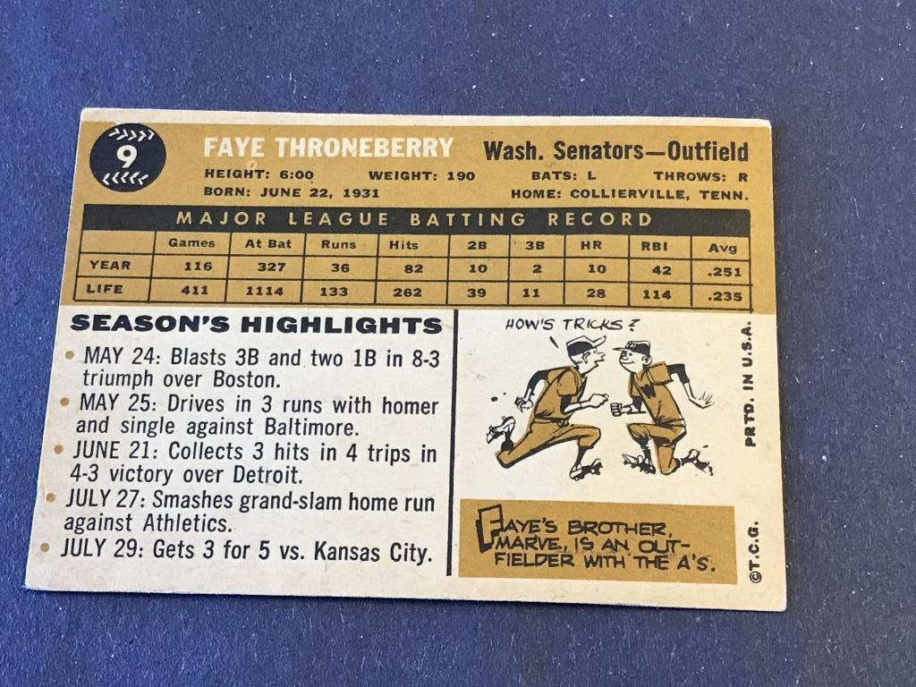 #9 FAYE THRONEBERRY 1960 Topps Baseball Card
