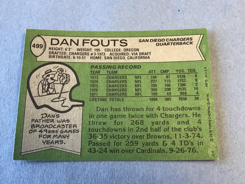 DAN FOUTS Chargers HOF 1978 Topps Football Card