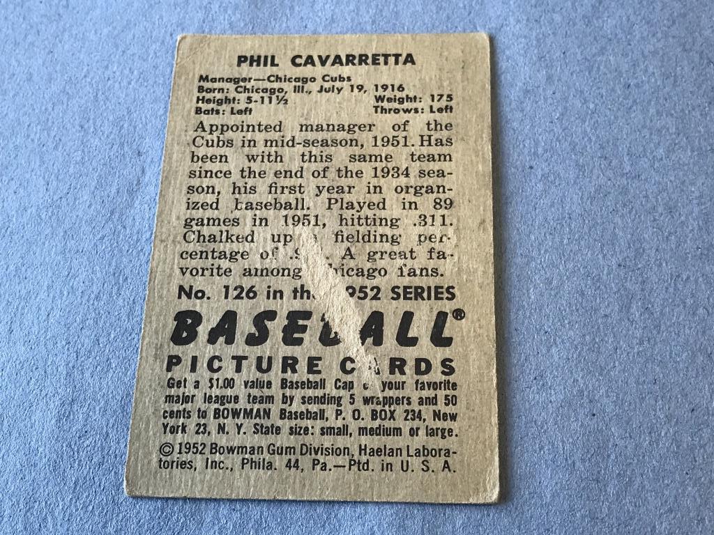 1952 Bowman Baseball PHIL CAVARRETTA Cubs #126