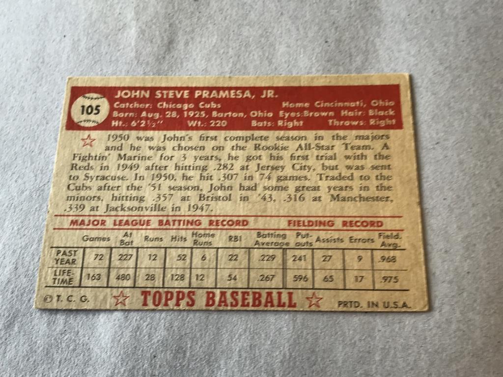 JOHN PRAMESA Cubs 1952 Topps Baseball Card #105