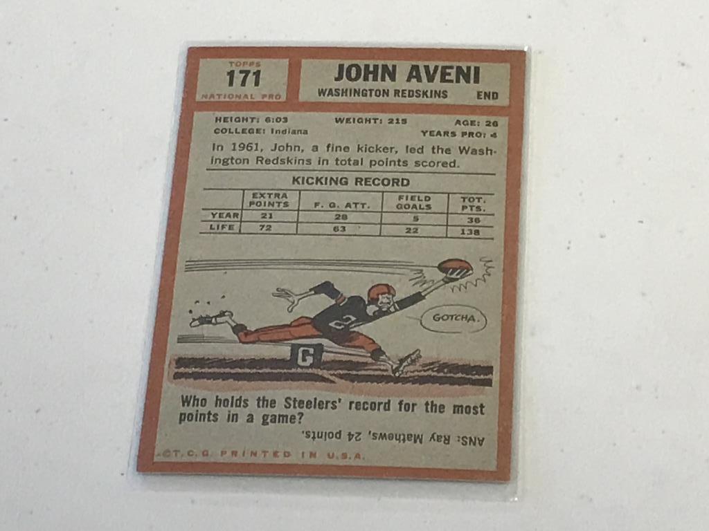 1962 Topps Football JOHN AVENI #171 Redskins