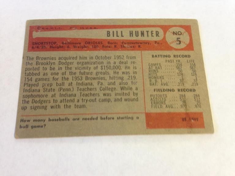 BILL HUNTER Orioles 1954 Bowman Baseball Card #5