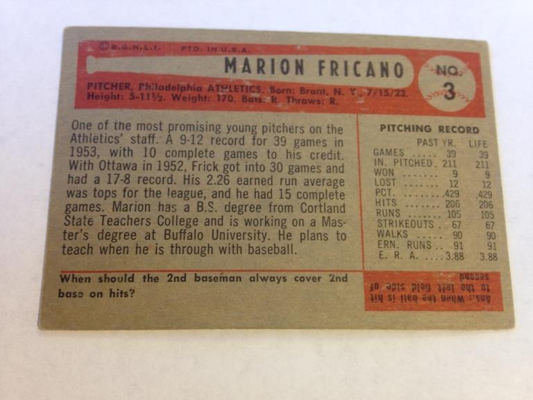 MARION FRICANO  Athletics1954 Bowman Baseball Card