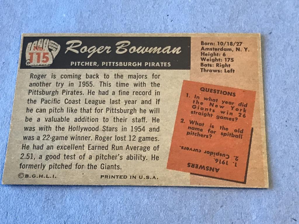 ROGER BOWMAN #115 Pirates 1955 Bowman Baseball