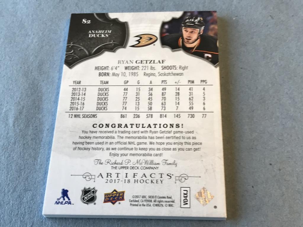 RYAN GETZLAF 2017 UD Artifacts JERSEY PATCH 07/65