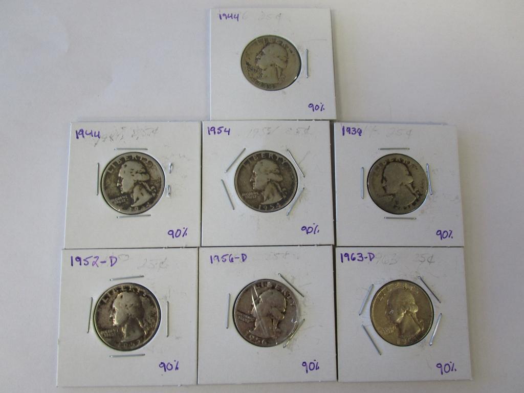 Lot of 7 Silver Quarters 1944,1954,1944,1936,1952D