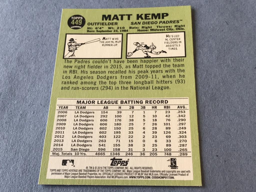 MATT KEMP 2016 Topps Heritage SP Card